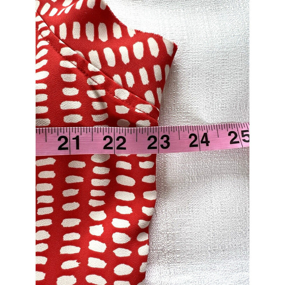 Cabi Madeline Blouse Top Womens Size L Red Orange White Dot Drape Ruffle Silky - Picture 6 of 7